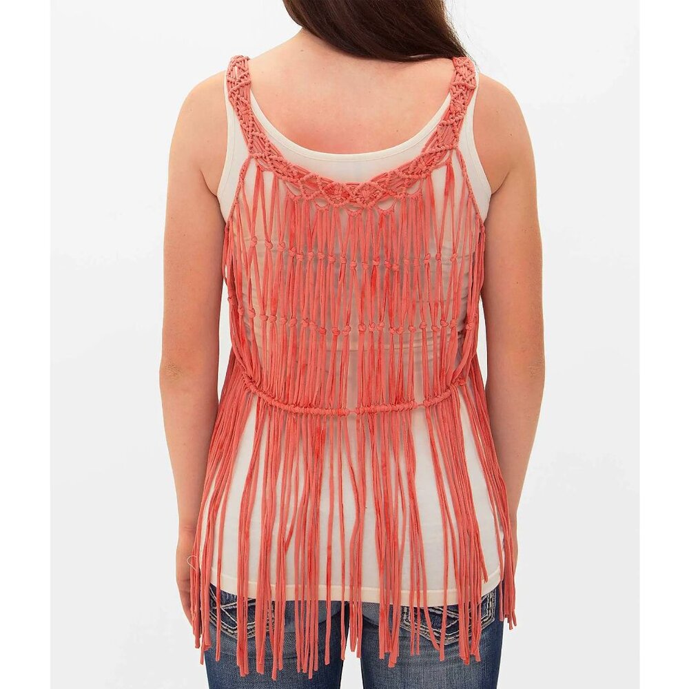 MISS ME Coral Macrame Crochet Fringe Boho Festival Tank Top Size Small - Picture 2 of 8